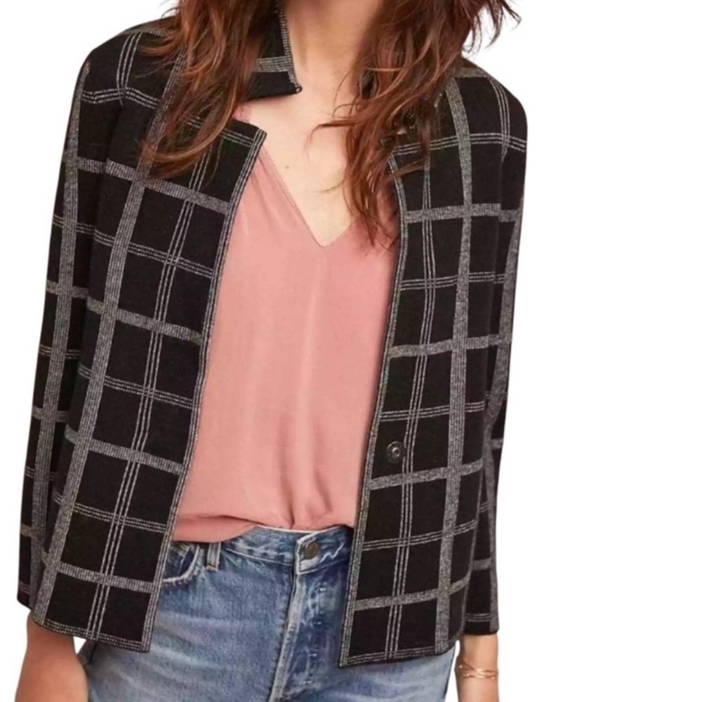 Moth by Anthropologie Windowpane Knit Sweater Blazer Black White S Office Career - Picture 1 of 14